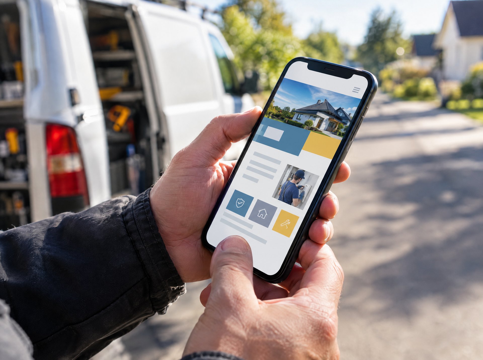 A tradesperson next to a work van, holding a phone that shows a home-services website